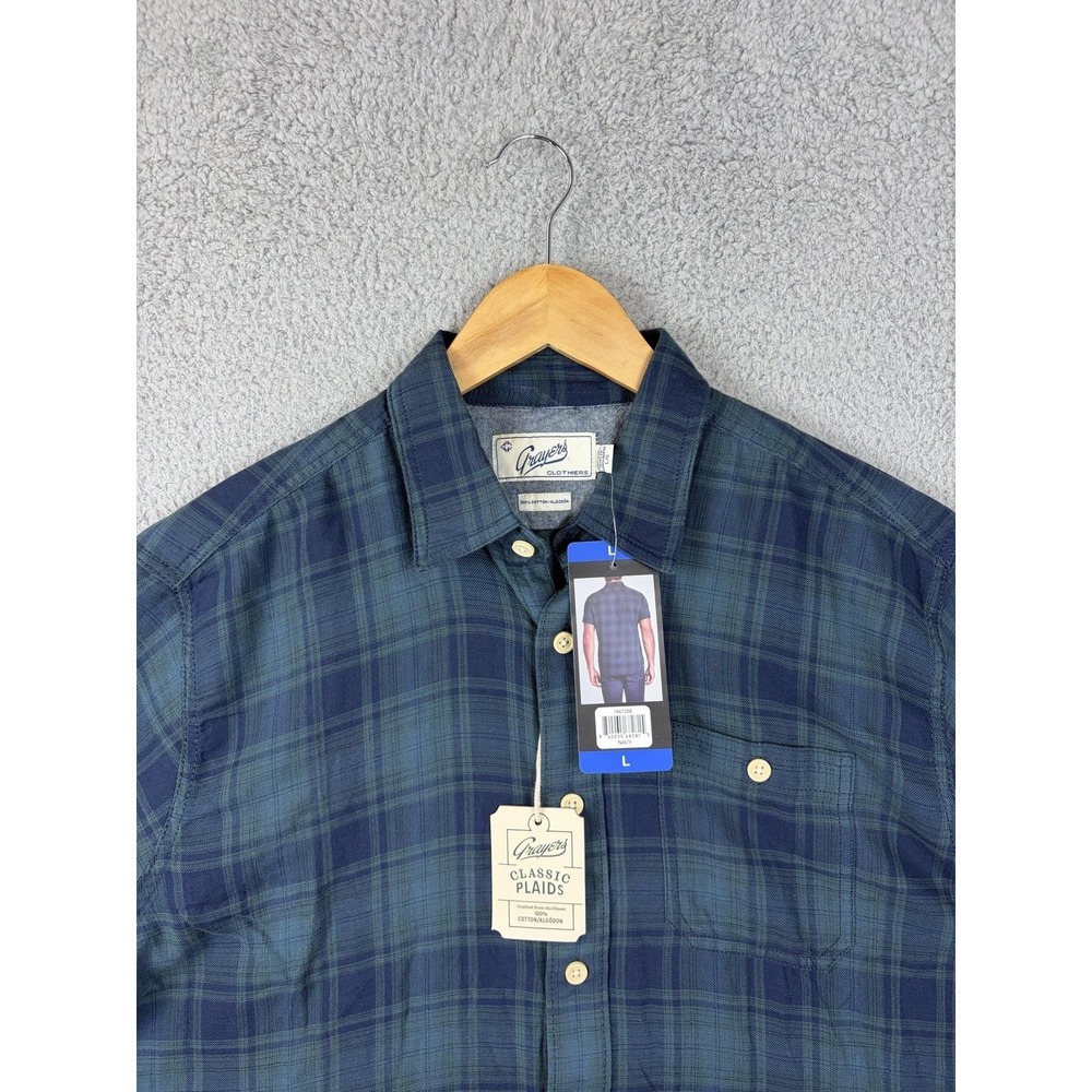 Grayers Shirt Mens Large Blue Plaid Short Sleeve Button Front Cotton Casual New